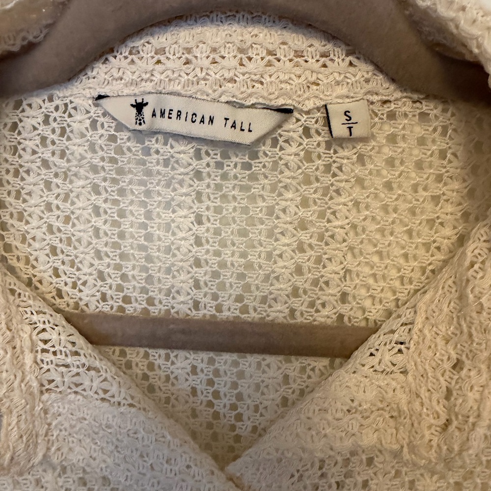 American Tall Openwork Loose Knit short Sleeve  Top natural Cream S Button down - Picture 7 of 8